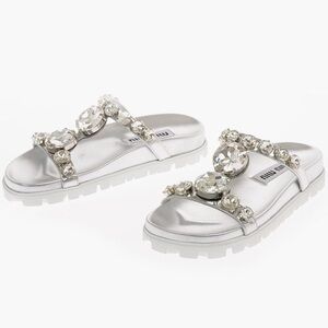 NWT Miu Miu 38.5 Crystals Leather Jewel Slides Sandals Rhinestones Glass Silver
